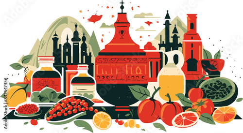 Vector illustration of a set of traditional Turkish cuisine. Turkish cuisine. Food and drink in the restaurant.