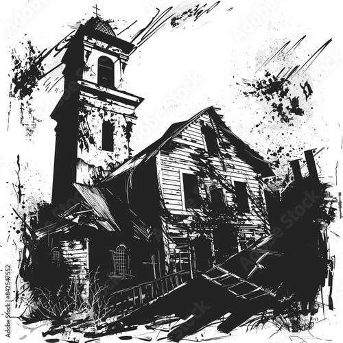 Grunge style illustration abandoned buildings monochrome. Black white sketch derelict church house, eerie atmosphere. Artistic rendition desolate architecture, spooky ghost town vibe