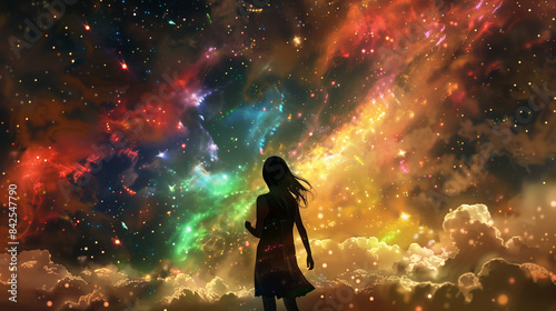 A smiling young girl stands under a cosmic canopy of swirling colors in a fairy-tale land of a sky full of rainbows and stars of the Milky Way.