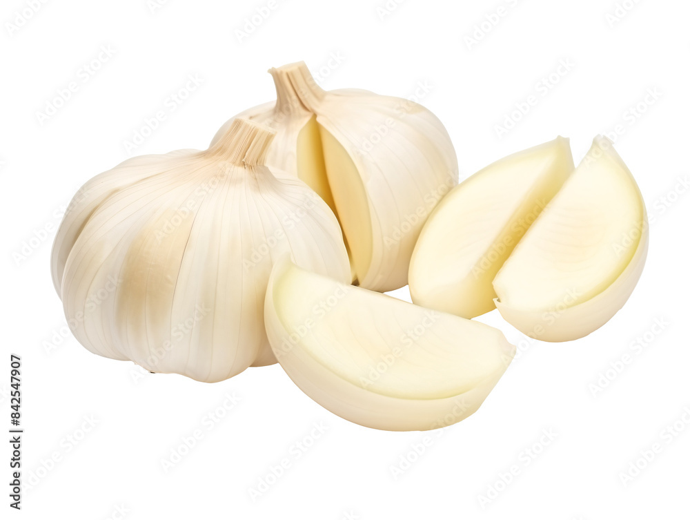 a group of garlic cloves and a slice of garlic a group of garlic cloves and a slice of garlic