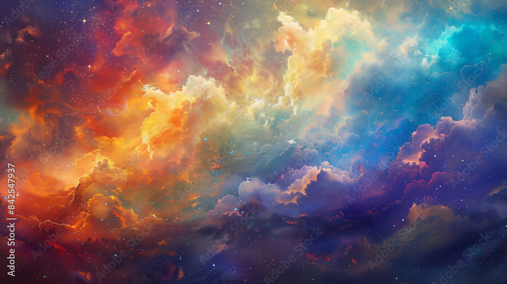 A fairy-tale scenery of clouds, where the extraordinary beauty of the rainbow and the shining Milky Way create a harmony of colors and lights. A fairy-tale scenery of clouds, where the extraordinary beauty of the rainbow and the shining Milky Way create a harmony of colors and lights.