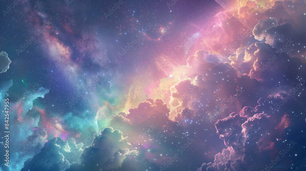 A fairy-tale scenery of clouds, where the extraordinary beauty of the rainbow and the shining Milky Way create a harmony of colors and lights. A fairy-tale scenery of clouds, where the extraordinary beauty of the rainbow and the shining Milky Way create a harmony of colors and lights.