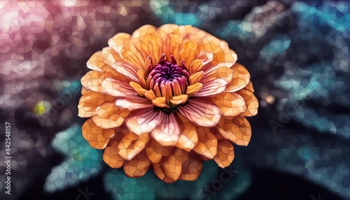 A pixelated marigold blossom in shades of orange and yellow, rendered in a digital art style. The flower stands out with its vibrant colors and detailed pixelation.