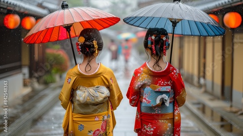 Japanese girls in elegant kimonos walking gracefully on the charming streets of japan