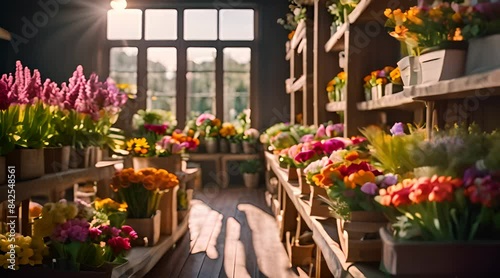 Wallpaper Mural Flower shop with colorful flower arrangements on shelves Torontodigital.ca