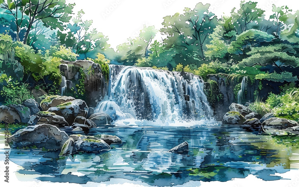 Fototapeta premium Serene watercolor painting of a cascading waterfall in a lush green forest, reflecting in the clear blue water below.