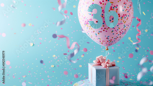 The thirty-sixth birthday is a special day, so a gift in an elegant box with a balloon in the shape of the number 36, colorful confetti and bows on a delicate background of pastel colors photo