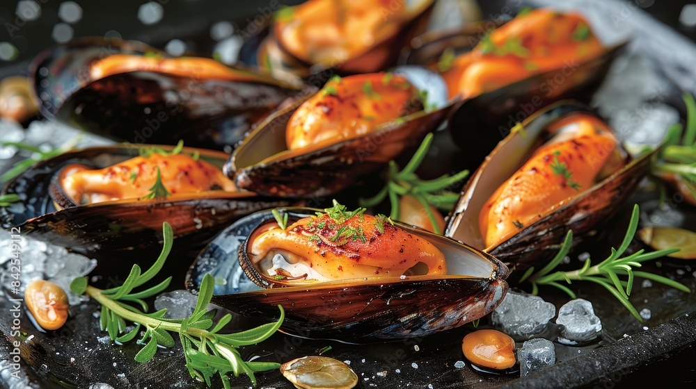 Chilled mussels displayed on ice in seafood restaurant setting for fresh seafood concept