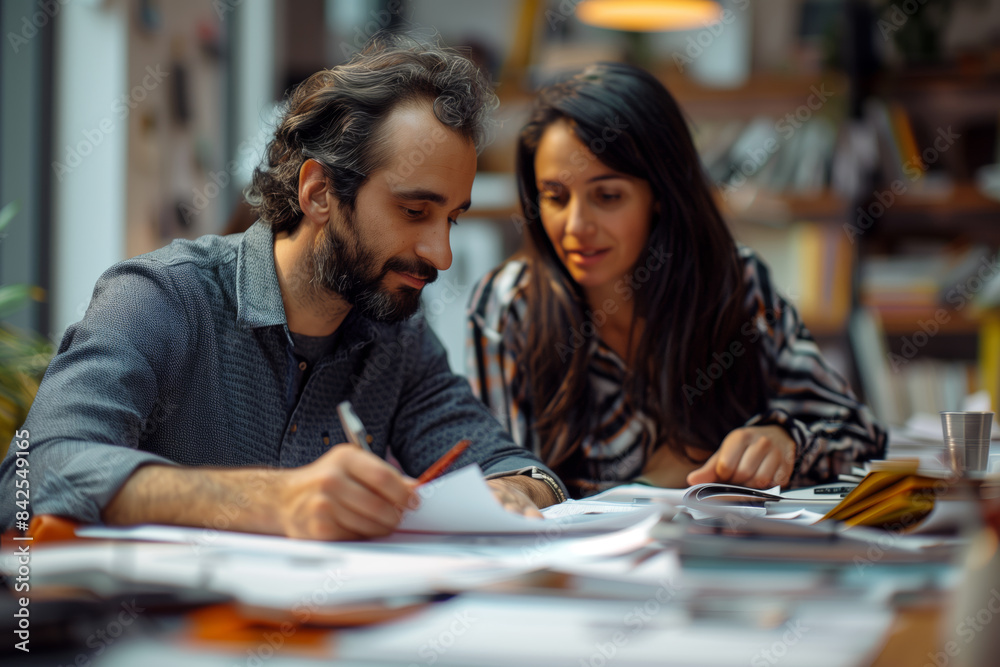 A man and woman are seated at a table in a modern office setting. The man is writing on a document while the woman looks over his shoulder, likely offering feedback or input on their shared project A man and woman are seated at a table in a modern office setting. The man is writing on a document while the woman looks over his shoulder, likely offering feedback or input on their shared project