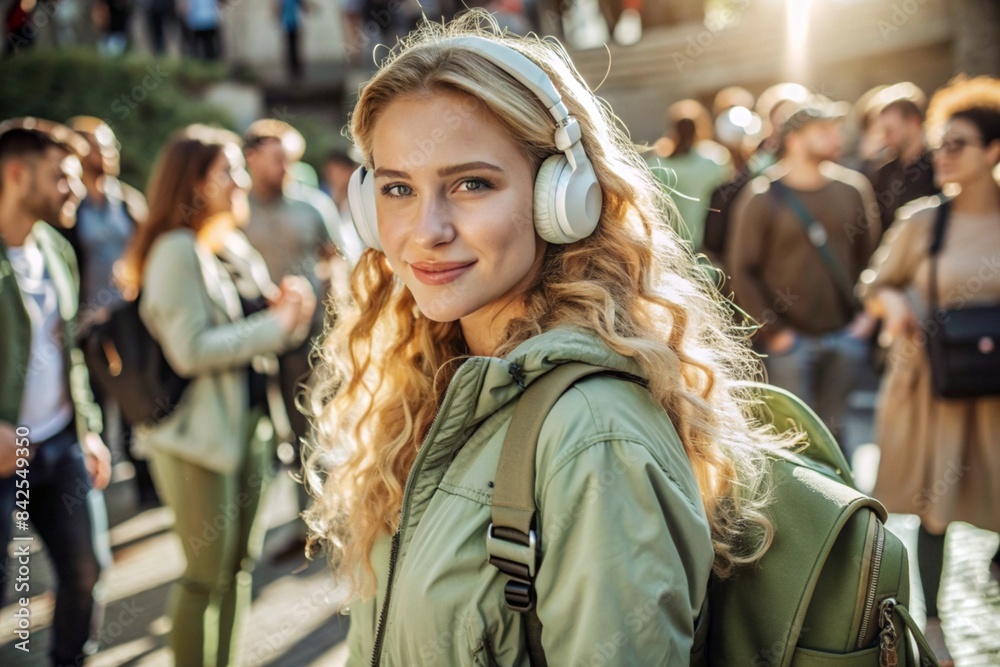 Music lover. A young beautiful curly-haired woman with a backpack in the background of the street and people. A tourist girl listens to music with headphones and walks around the city. Music lover. A young beautiful curly-haired woman with a backpack in the background of the street and people. A tourist girl listens to music with headphones and walks around the city.