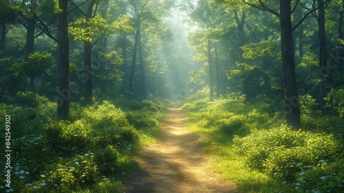 Sunlit Forest Trail with Lush Greenery and Dappled Light