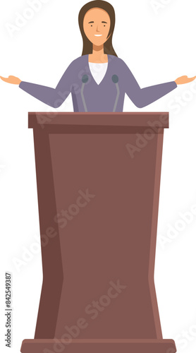 Female politician speaking to public from tribune with microphones, giving a speech at conference