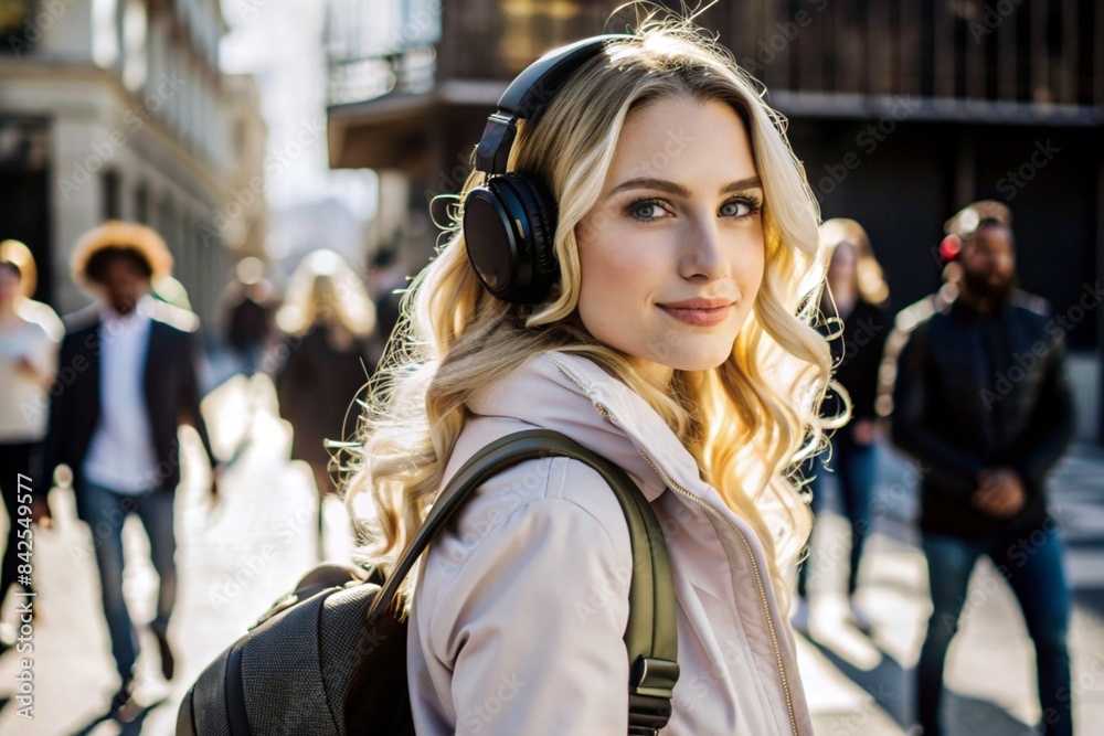 Naklejka premium Music lover. A young beautiful curly-haired woman with a backpack in the background of the street and people. A tourist girl listens to music with headphones and walks around the city.