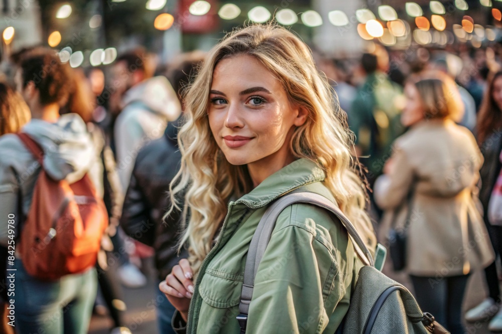 Portrait of a happy beautiful traveler with a backpack in the city on the background of a beautiful bokeh. Traveling alone, a lifestyle. A young tourist is enjoying his vacation.