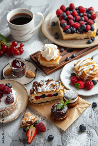 A delicious dessert spread with various pastries and a cup of coffee, showcasing a perfect pairing