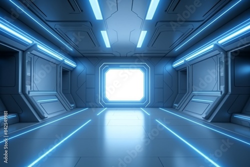 Blue and white digital scene or room. White lights. Futuristic background.
