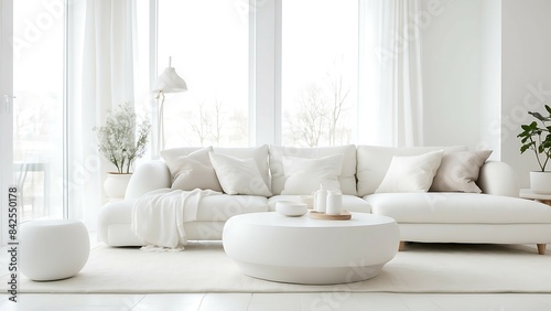 Modern living room interior with white sofa and plant.  