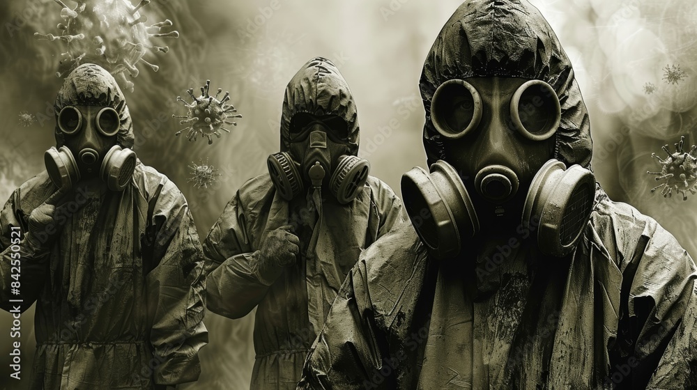 Female in biohazard suit and respirator on virus background concept of pandemic Female in biohazard suit and respirator on virus background concept of pandemic