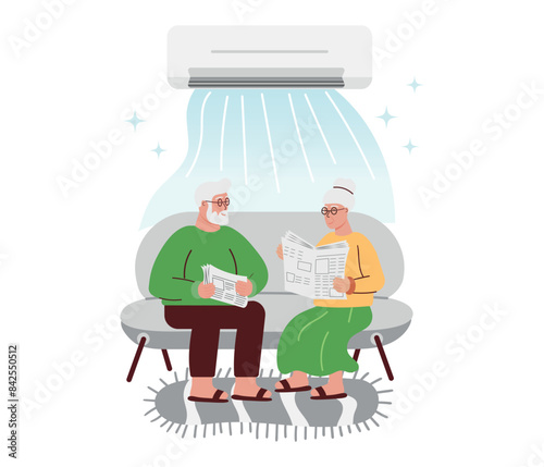 An elderly couple sits on a sofa under the air conditioning system. Cooling of summer rooms