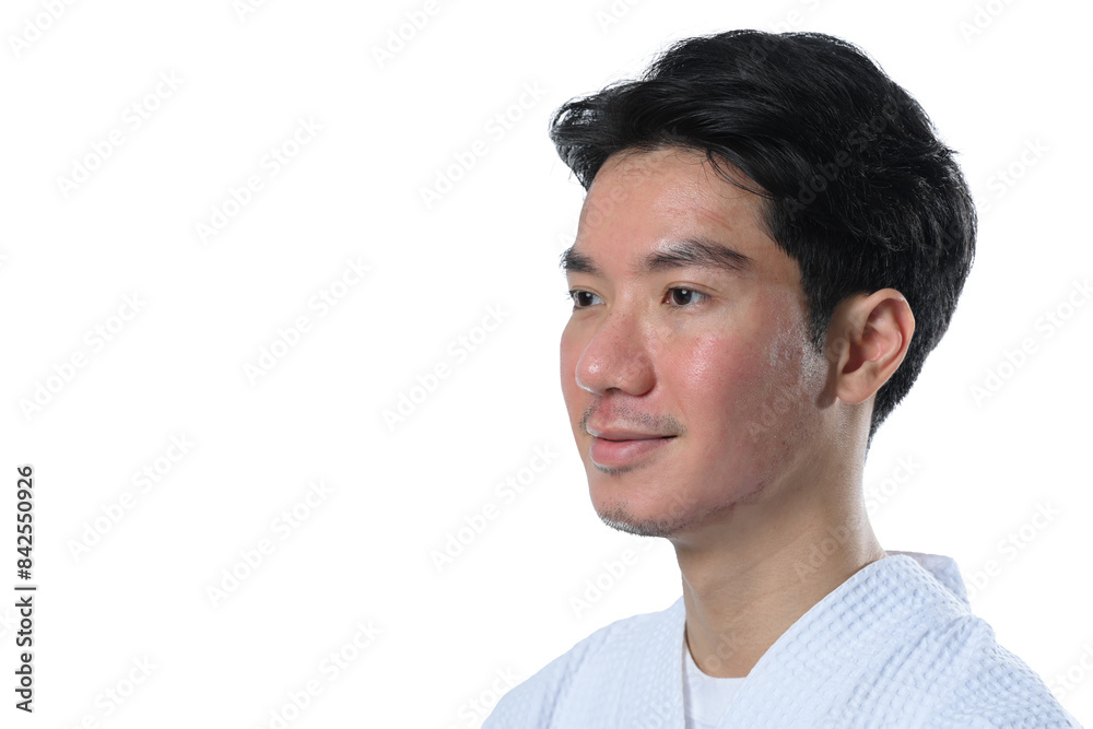 Headshot of attractive man after laser treatment over white background Headshot of attractive man after laser treatment over white background