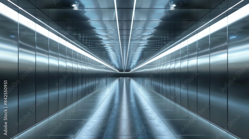 This photo depicts a corridor with a futuristic vibe, designed in a modern minimalist style