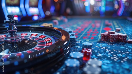 Abstract background with elements of a casino, featuring a roulette wheel, dice, and chips in blue tones with copy space.
 photo