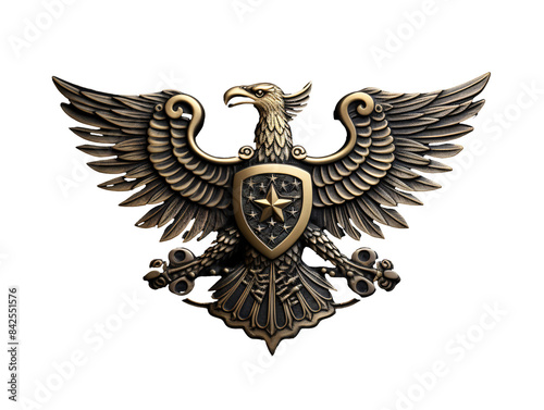 a gold eagle with a star and a shield