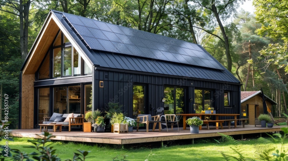 Modern cozy house with parking and pool for sale or rent with wood plank facade and beautiful landscaping on background.