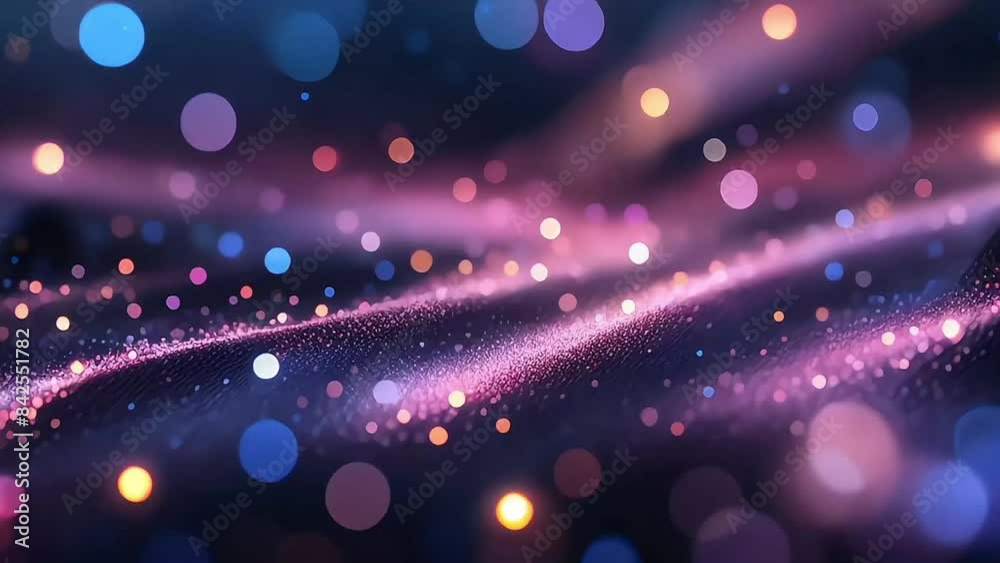 Purple bokeh lights over glittery sand particles, dynamic motion visuals, magical seamless loop