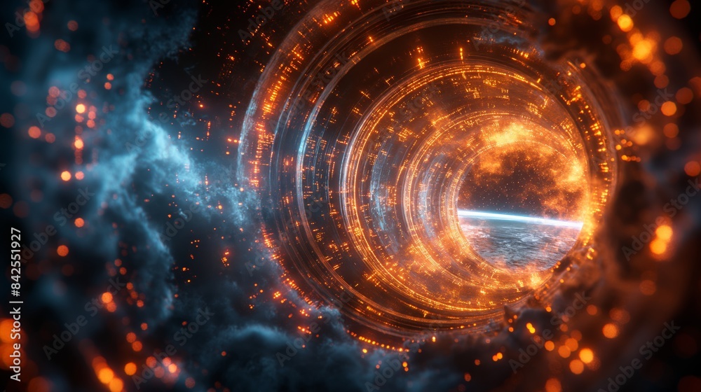 Spectacular View of a Fiery Cosmic Vortex with Glowing Particles and Nebulae in Deep Space Spectacular View of a Fiery Cosmic Vortex with Glowing Particles and Nebulae in Deep Space