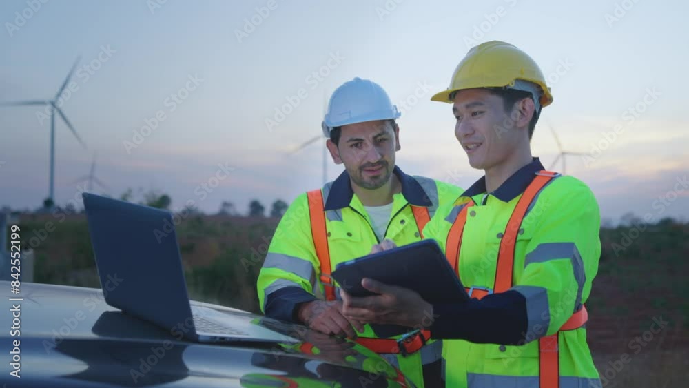 Diverse ethnicity male technicians working in the wind turbines field. Diverse ethnicity male technicians working in the wind turbines field.