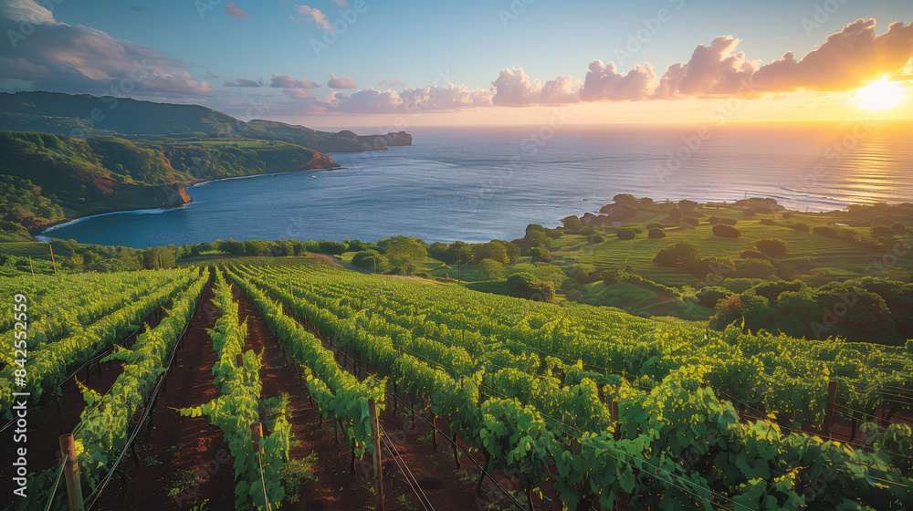 Fototapeta premium Scenic vineyard overlooking the ocean at sunset, with lush green fields and a breathtaking coastal view.