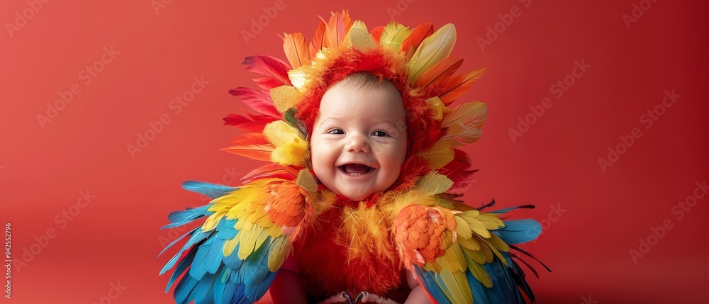 A baby in a colorful feathered costume laughs against a red background. A baby in a colorful feathered costume laughs against a red background.