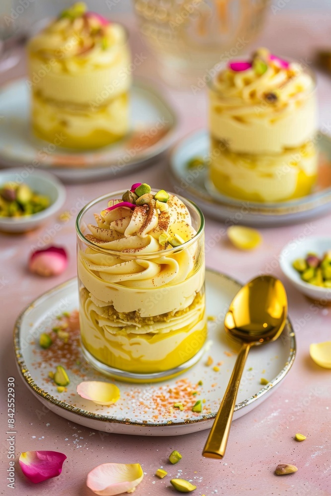 An exquisite picture of a dessert with mango mousse, biscuits, and garnish on a decorative plate An exquisite picture of a dessert with mango mousse, biscuits, and garnish on a decorative plate