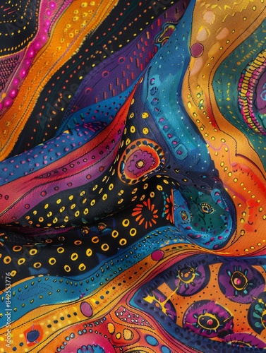 Close-up show of a vibrant, colorful fabric with intricate patterns suggesting creativity and craftsmanship