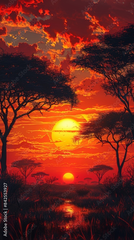 The African savannah at sunset, with acacia trees silhouetted against a fiery orange sky. The African savannah at sunset, with acacia trees silhouetted against a fiery orange sky.