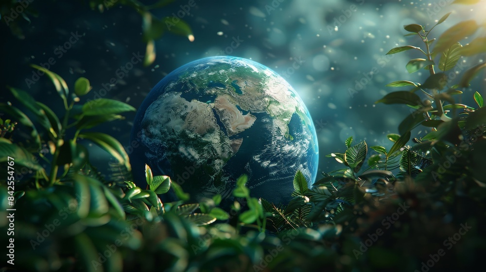 A vibrant Earth globe nestled amidst lush green foliage, symbolizing the importance of protecting our planet. A vibrant Earth globe nestled amidst lush green foliage, symbolizing the importance of protecting our planet.