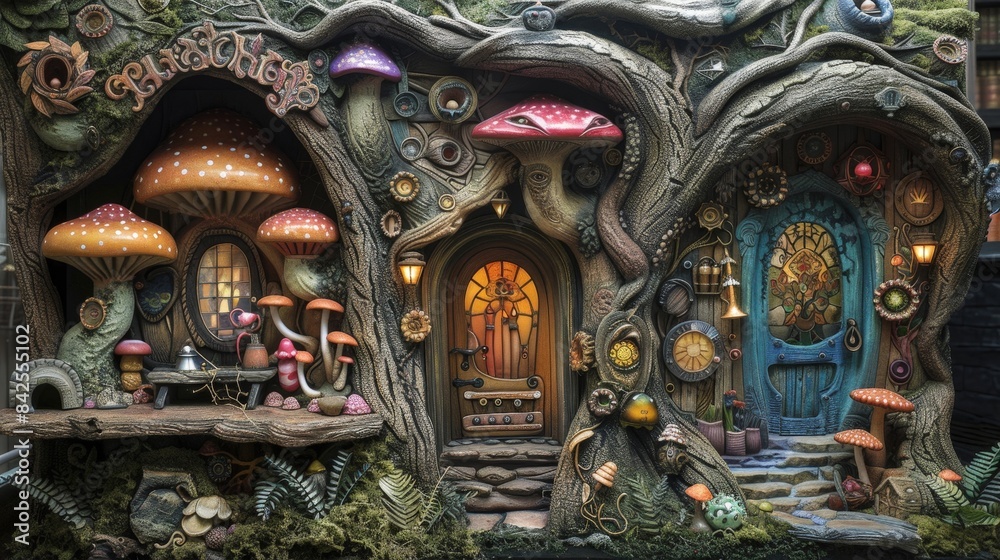 A whimsical woodland dwelling with mushroom accents and magical doors. A whimsical woodland dwelling with mushroom accents and magical doors.