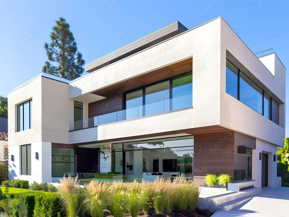 Sleek modern building with geometric shapes, large windows, and white exterior in urban setting. Sleek modern building with geometric shapes, large windows, and white exterior in urban setting.