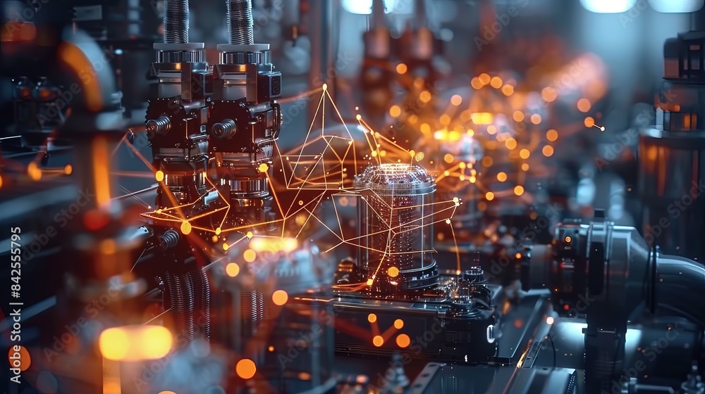 Fototapeta premium INDUSTRY 4.0. Communication network in industrial technology. Automation in factories, virtual screen blend