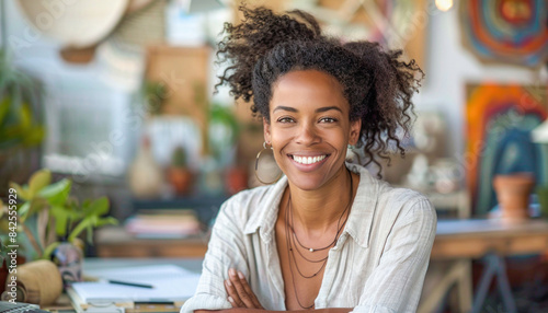 A woman is standing in a room with her arms crossed, smiling, and looking happy photo