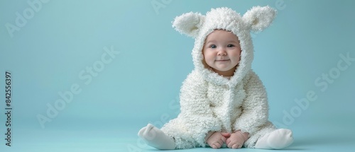 Cute baby in a white sheep costume smiling against a blue background.