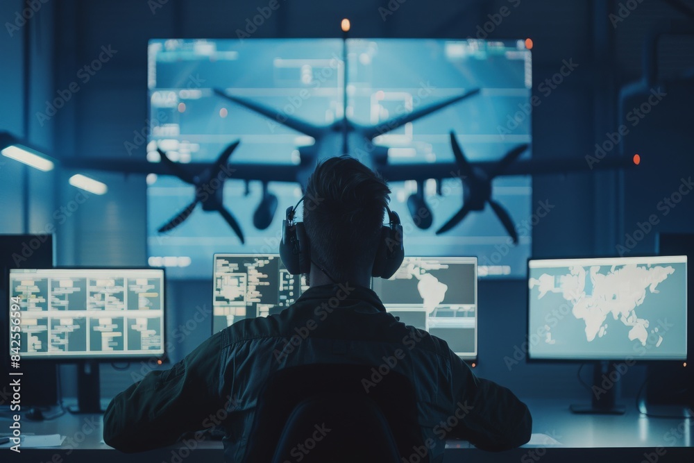 A lone engineer sits in front of multiple computer screens, monitoring a drone in a wind tunnel facility. A lone engineer sits in front of multiple computer screens, monitoring a drone in a wind tunnel facility.