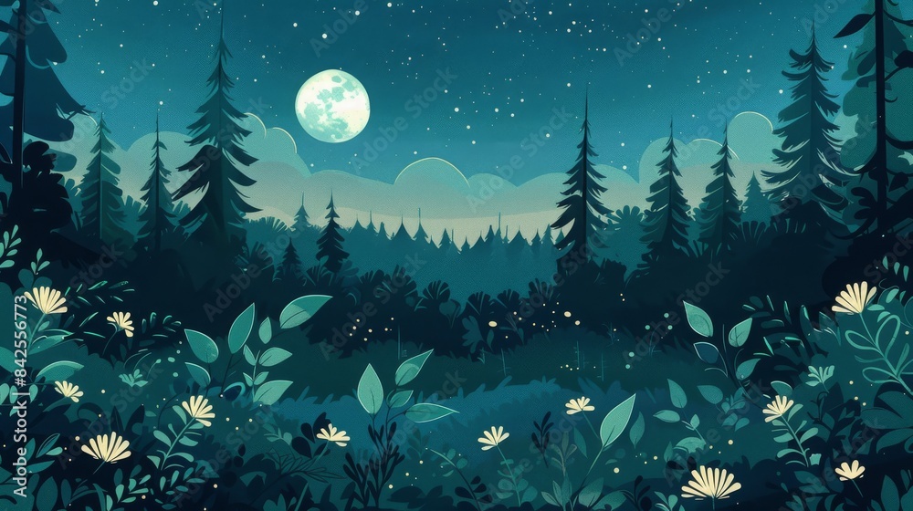 Enchanting Nighttime Forest Scene in Flat Minimalist Style Featuring Moonlit Sky Design for Print, Card, Poster Enchanting Nighttime Forest Scene in Flat Minimalist Style Featuring Moonlit Sky Design for Print, Card, Poster