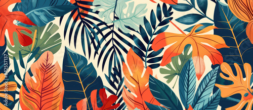 Seamless pattern of tropical leaves in vibrant orange  green and navy blue