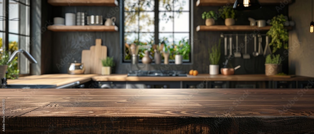 Rustic wooden countertop in a kitchen with a window and shelves. Rustic wooden countertop in a kitchen with a window and shelves.