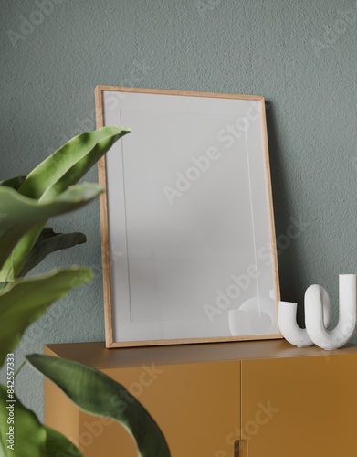 Mockup frame, poster empty close up in dark green home design, interior design element mockup, 3d rendering