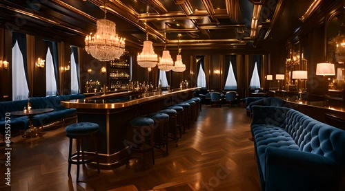 Bar table with luxury blue bar stools. Luxury loft lounge bar interior