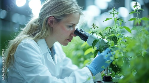 Focused scientist using a microscope. Bright colors.