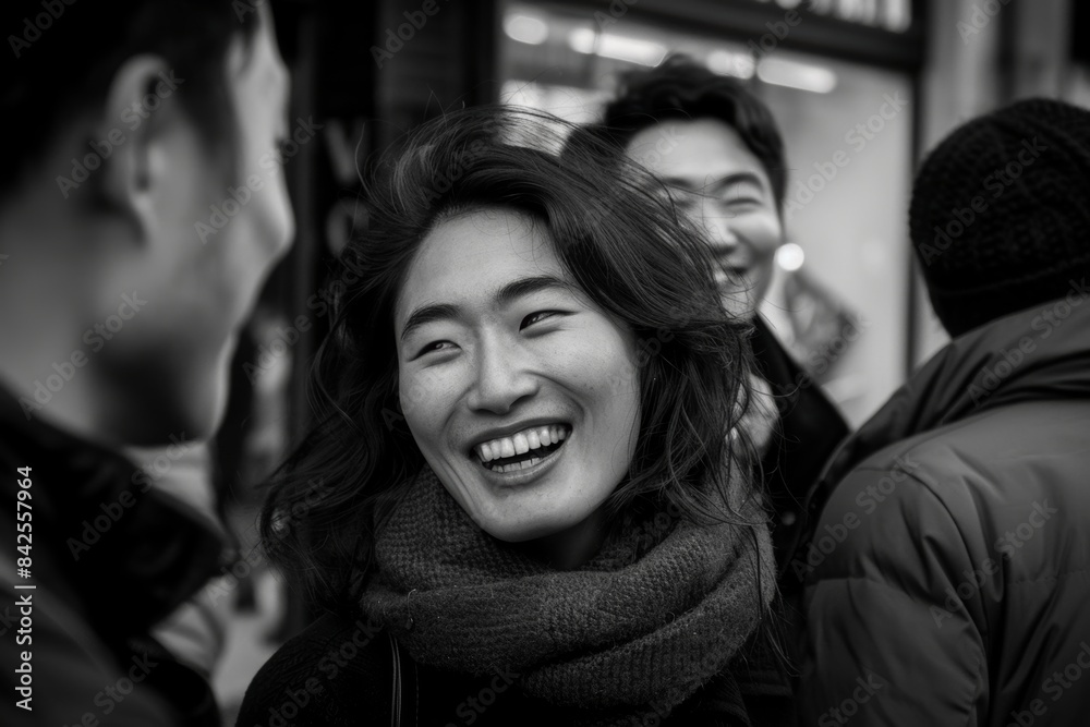 Happy Asian woman smiling in the street. Black and white photo. Happy Asian woman smiling in the street. Black and white photo.